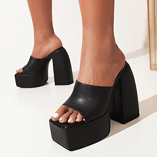 Makmeoyw Platform Heels Slippers Slip On Show Slingback Chunky Heels Sparkly Sandals Square Toe Mules Open Toe High Heels Slide-on Sandals Black Size 40