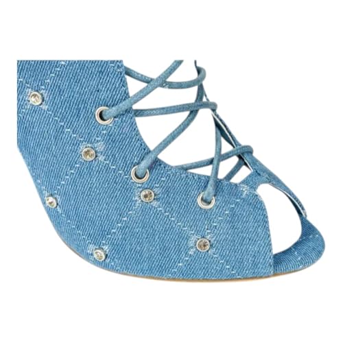 Women's Chunky Block Heel Lace-Up Over The Knee Thigh High Peep Toe Boots Legacy-14 Denim 7