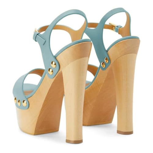 YDN Women's Platform Heeled Sandals Open Round Toe Chunky High Heels Backless Ankle Strap Sexy Casual Shoes for Spring Summer Party Size 7 Turquoise