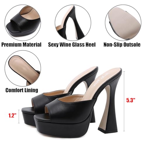 UZUJBAA Women's Leather Wine Glass Heel Peep Toe Platform Slides Sandals Sexy Ultra-High Heel Fish Mouth Slip On Slingback Dress Sandals For Party Wedding (black,8.5)