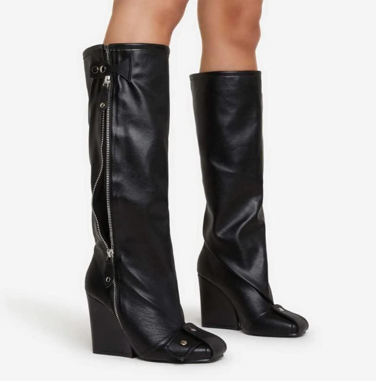 Lemonade Women's Buckle Detail Square Toe Wedge Heel Knee High Long Boot Senna Black 7.5n