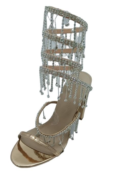 Wild Diva Women's Morris-605 Chandelier Embellished Rhinestone Spiral Coil Wrap Around Chunky Block Heels (Rose Gold PU, US Footwear Size System, Adult, Women, Numeric, Medium, 10)