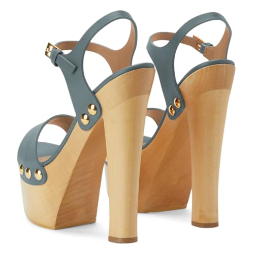 YDN Women's Platform Heeled Sandals Open Round Toe Chunky High Heels Backless Ankle Strap Sexy Casual Shoes for Spring Summer Party Size 7 Steel Blue