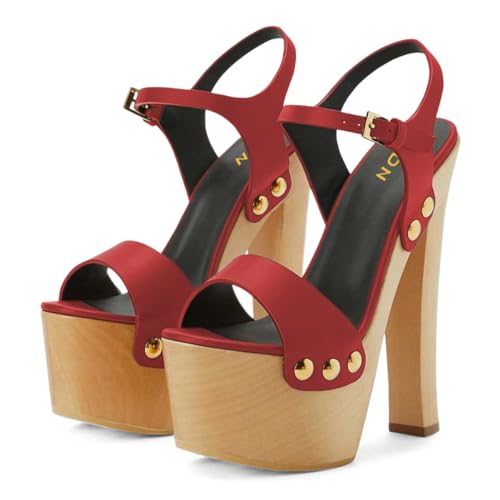 YDN Women's Platform Heeled Sandals Open Round Toe Chunky High Heels Backless Ankle Strap Sexy Casual Shoes for Spring Summer Party Size 7 Red