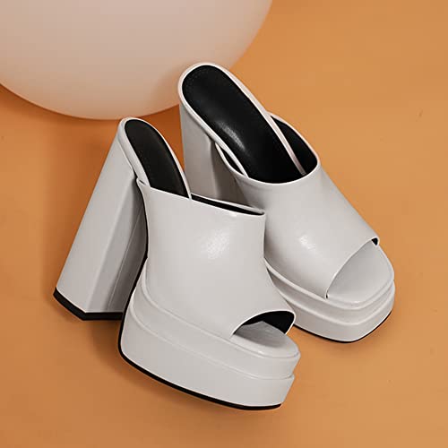 Makmeoyw Platform Heels Slippers Slip On Show Slingback Chunky Heels Sparkly Sandals Square Toe Mules Open Toe High Heels Slide-on Sandals White Size 40