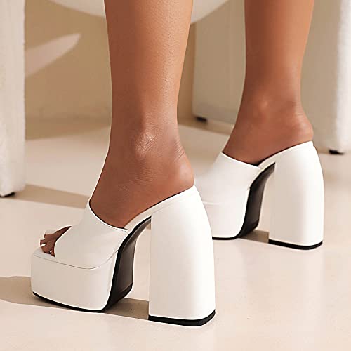 Makmeoyw Platform Heels Slippers Slip On Show Slingback Chunky Heels Sparkly Sandals Square Toe Mules Open Toe High Heels Slide-on Sandals White Size 38