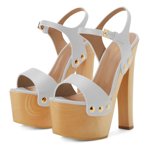 YDN Women's Platform Heeled Sandals Open Round Toe Chunky High Heels Backless Ankle Strap Sexy Casual Shoes for Spring Summer Party Size 7 Light Grey