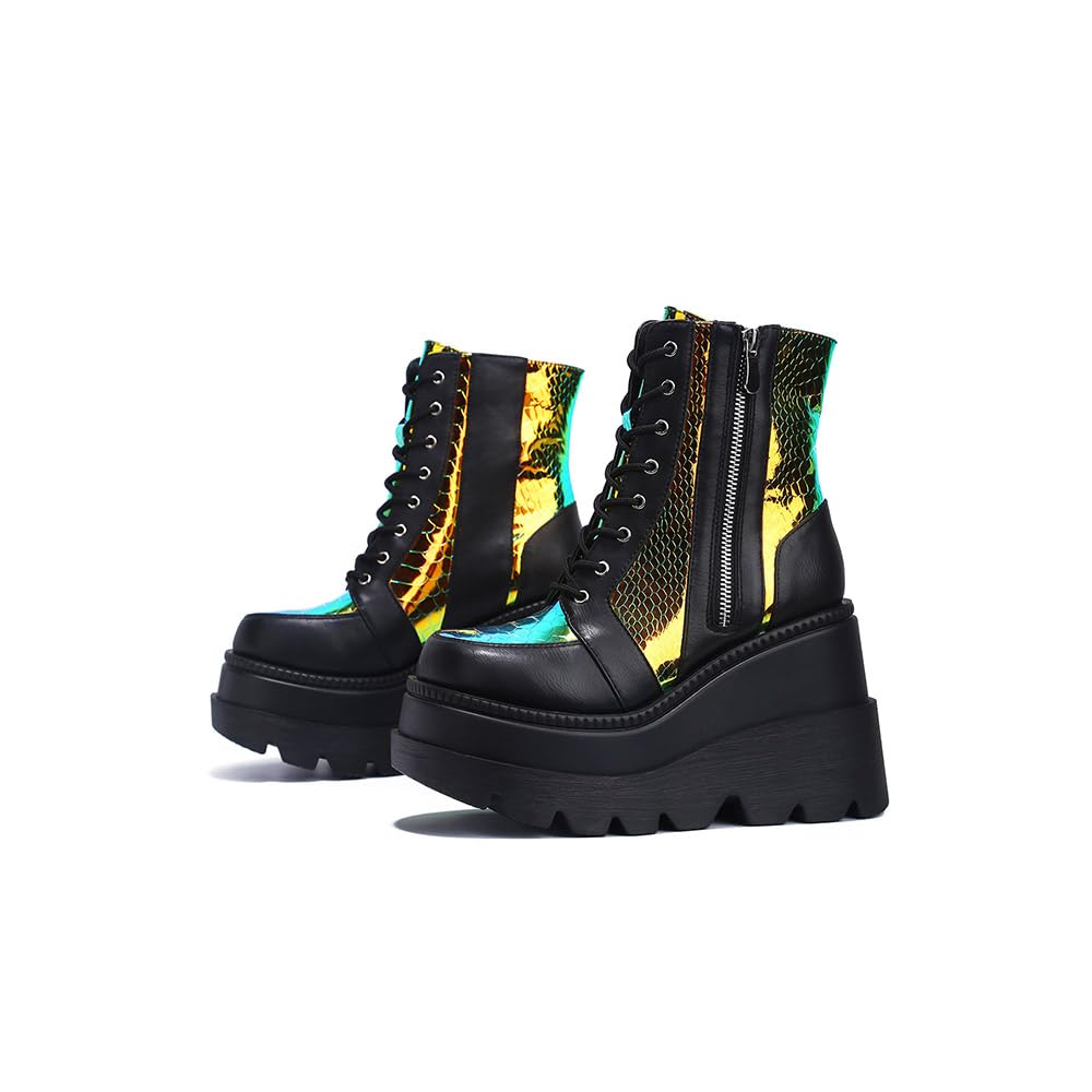 Cape Robbin Holographic Platform Ankle Boots for Women Chunky Block Heels Pointed Toe PU Leather with Buckle Strap Retro Futuristic Style (Radio) - Black Size 10