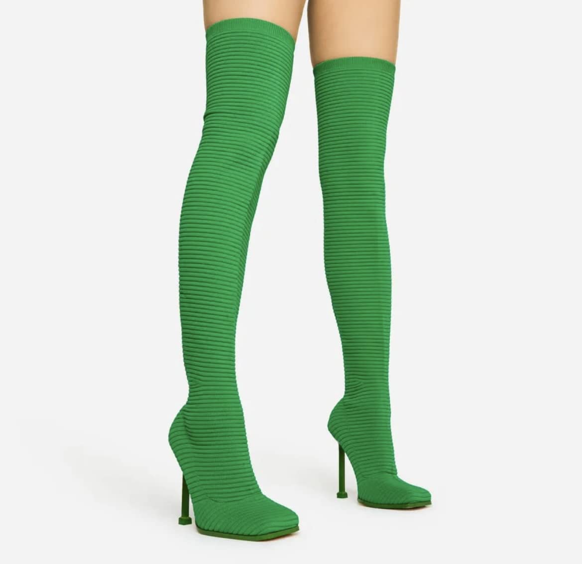 Lemonade Women's Over The Knee Heels Boots High Heel Stretch Knit Pointed To Thigh Long Boots -That Girl Green 7