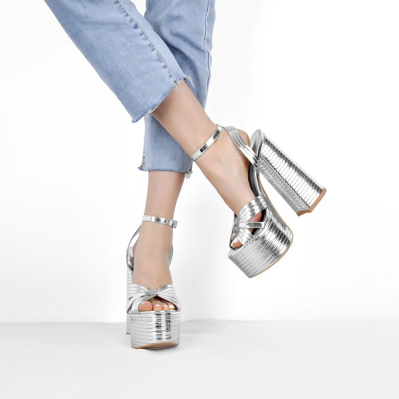 Onlymaker Silver Platform Heels for Women Sexy Ankle Strap Chunky High Heeled Sandals Sparkly Metallic Leather 5 inch High Block Heel Fashion Party Prom Dressy Platform Chunky Heels Size 8