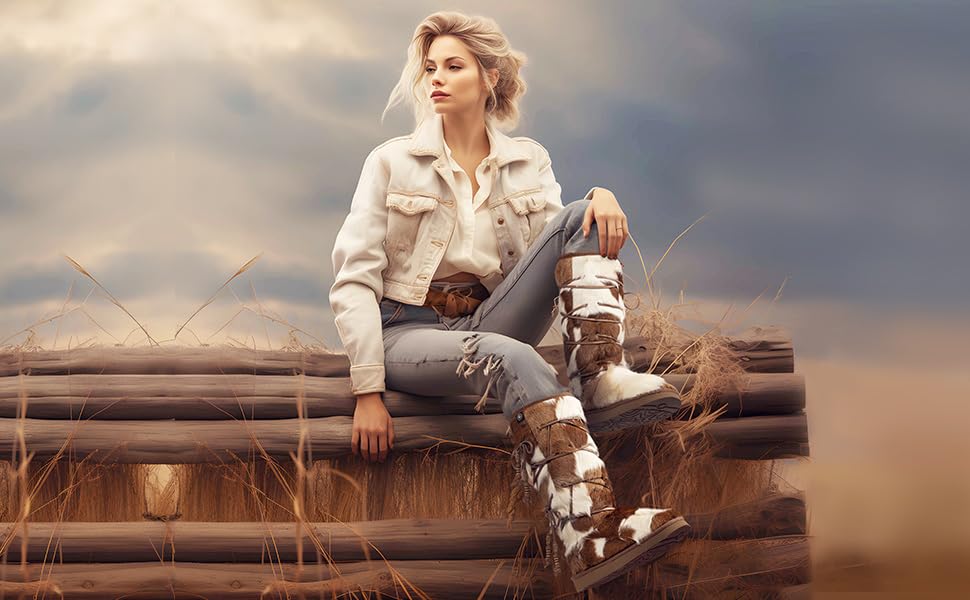 AUMU Womens Comfort Suede Fur Mid- Calf Winter Boots Chestnut