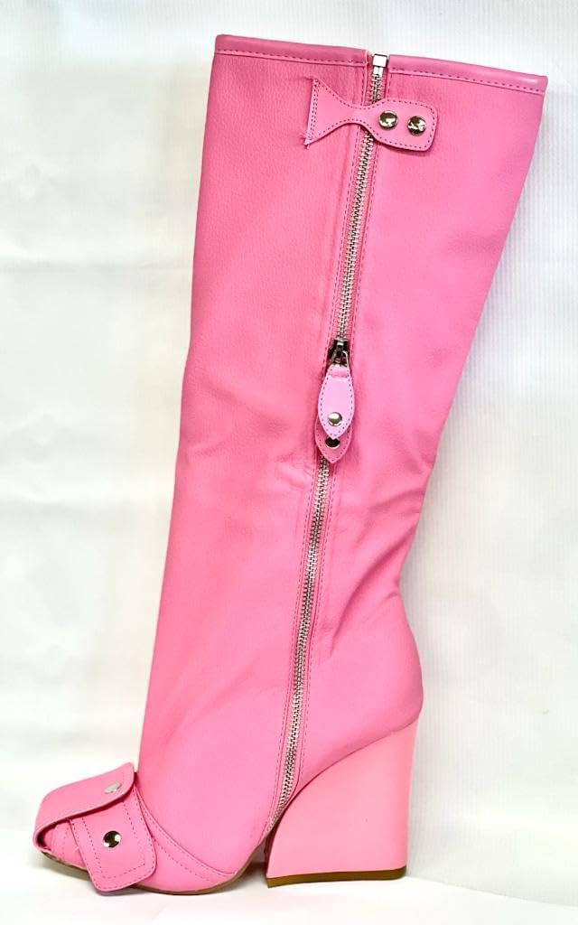 Lemonade Women's Buckle Detail Square Toe Wedge Heel Knee High Long Boot Senna Pink 7.5n