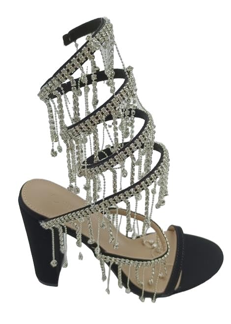 Wild Diva Women's Morris-605 Chandelier Embellished Rhinestone Spiral Coil Wrap Around Chunky Block Heels (Black Nubuck, US Footwear Size System, Adult, Women, Numeric, Medium, 10)