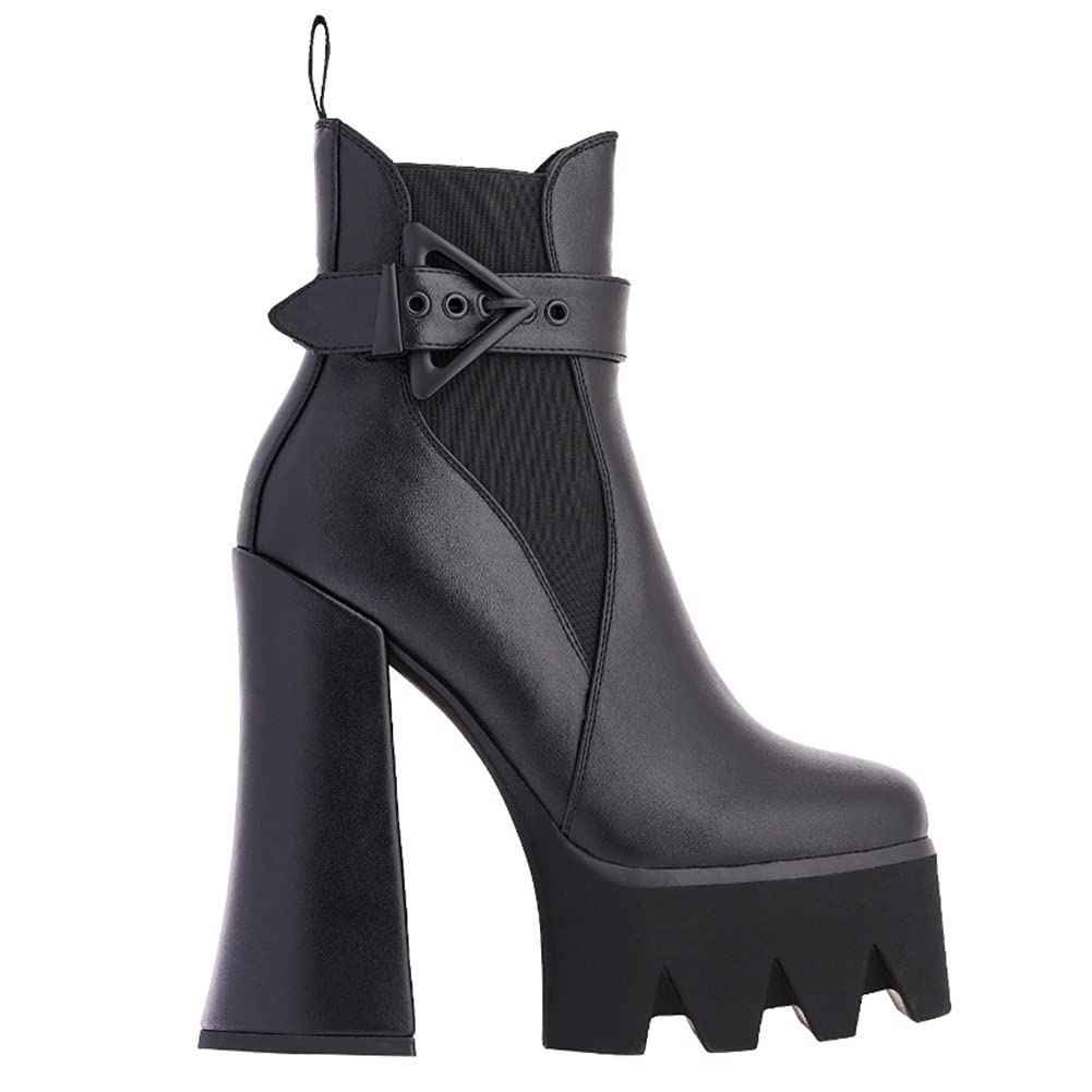 DETOGNI Women's Buckle Strap Thick Heel Platform Booties Ladies Elastic band High Heel Fashion Casual Ankle Boots(Black US8)