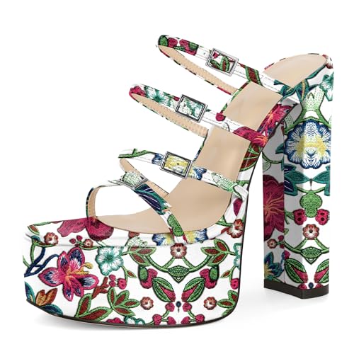 Esvowido Platform Mules for Women Chunky Heels Sexy Square Open Toe Block Sandals High Heels for Party Prom Wedding Floral Embroidered US Size 7