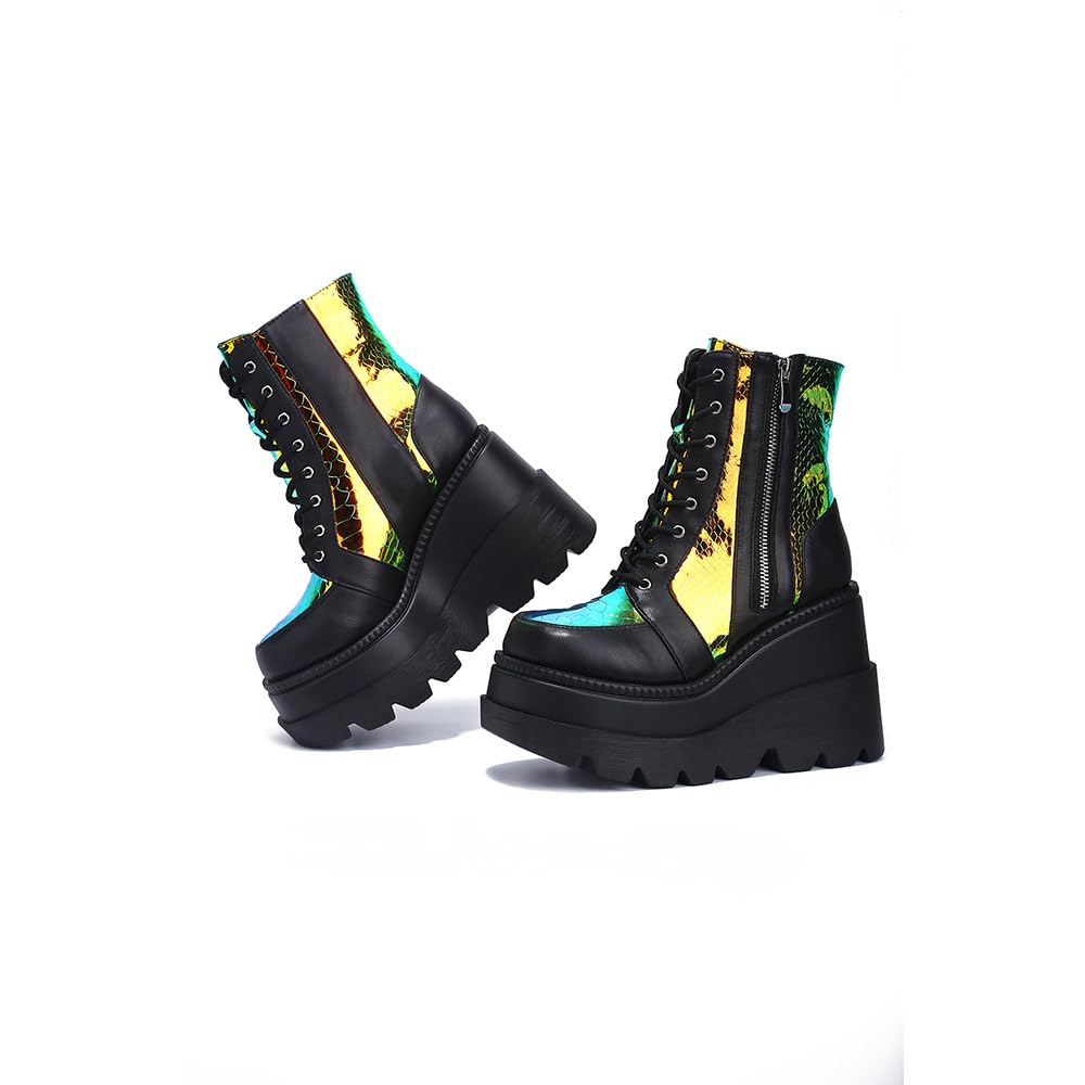 Cape Robbin Holographic Platform Ankle Boots for Women Chunky Block Heels Pointed Toe PU Leather with Buckle Strap Retro Futuristic Style (Radio) - Black Size 10