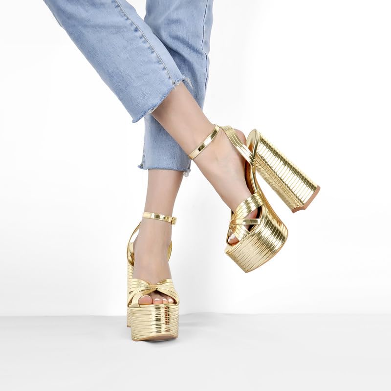 Onlymaker Gold Platform Heels for Women Sexy Ankle Strap Chunky High Heeled Sandals Sparkly Metallic Leather 5 inch High Block Heel Fashion Party Prom Dressy Platform Chunky Heels Size 8