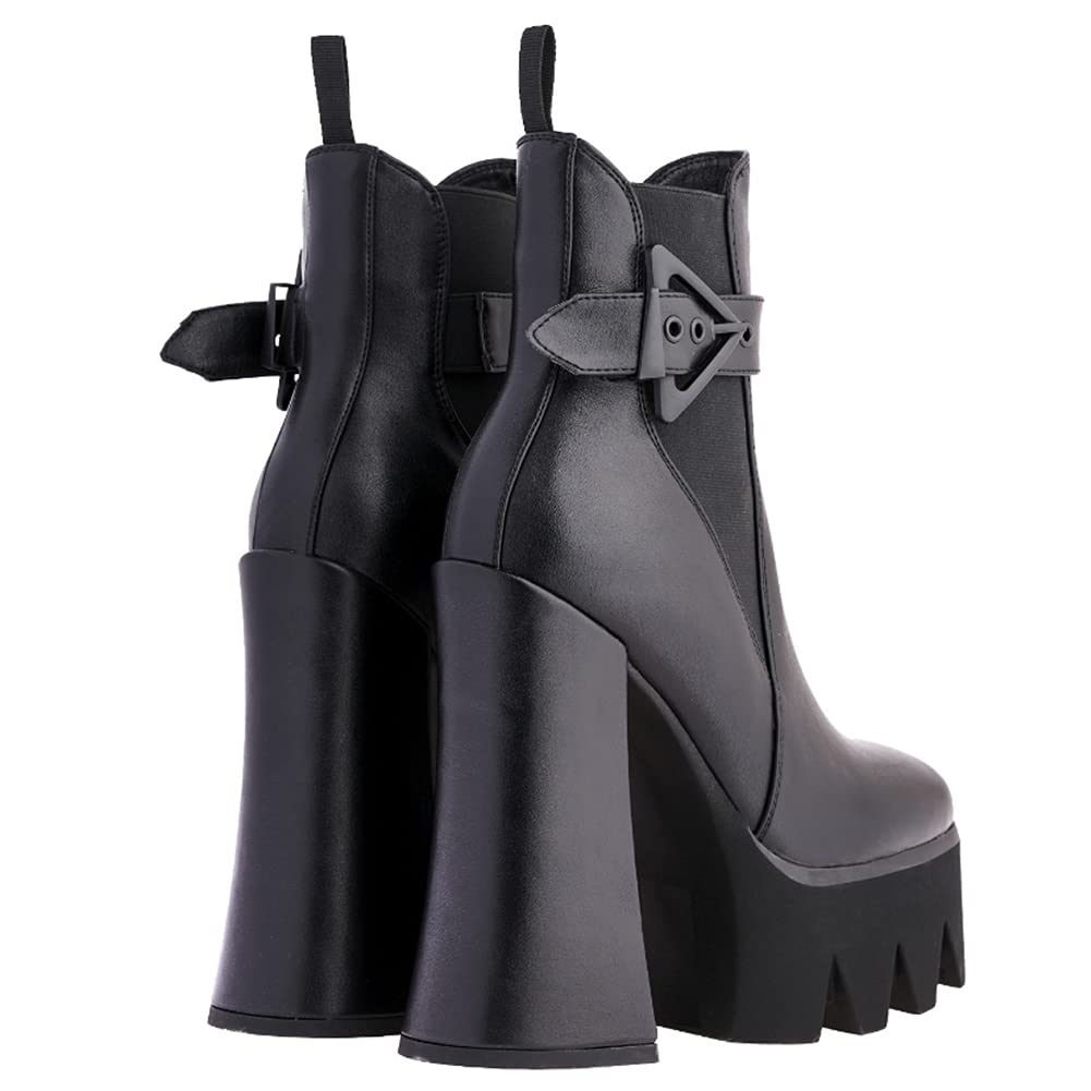 DETOGNI Women's Buckle Strap Thick Heel Platform Booties Ladies Elastic band High Heel Fashion Casual Ankle Boots(Black US8)