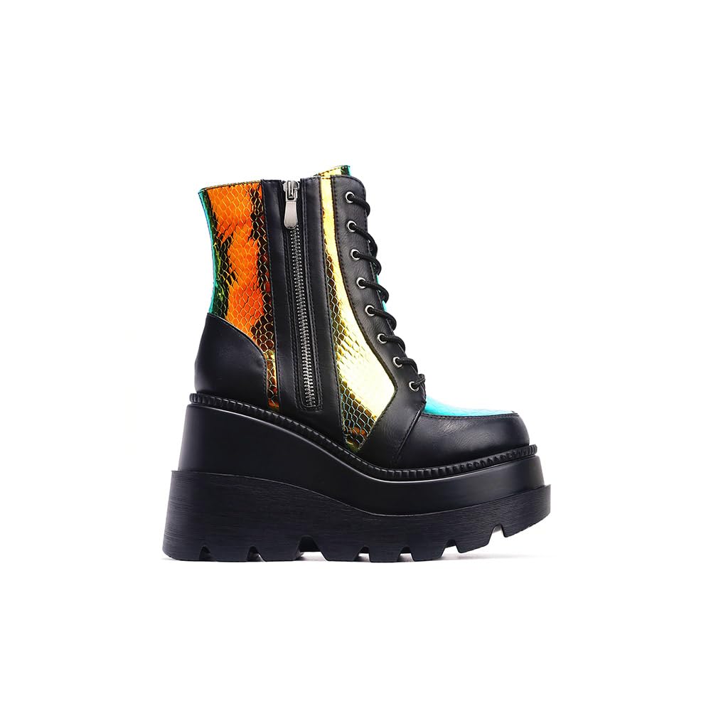 Cape Robbin Holographic Platform Ankle Boots for Women Chunky Block Heels Pointed Toe PU Leather with Buckle Strap Retro Futuristic Style (Radio) - Black Size 10