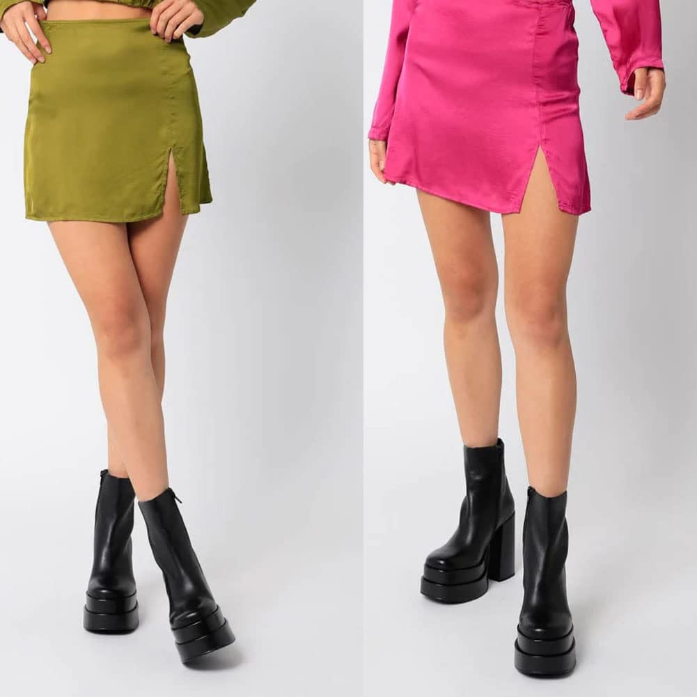 Mattiventon Black Platform Boots for Women Square Toe Chunky Heel Combat Boot Mid Calf Goth Boots