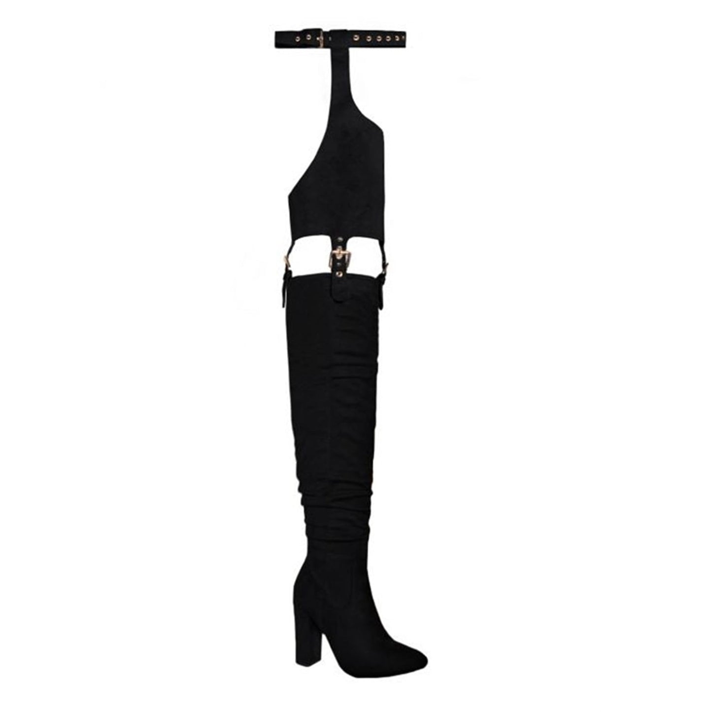 HiColor Women's Belted Pointed Toe high Boots Striking Buckle Strap Fashion thick Heel Thigh high Boot(Black US11)