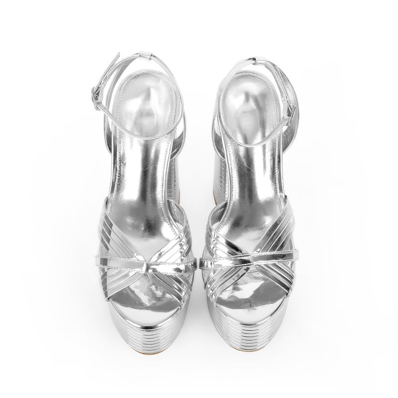 Onlymaker Silver Platform Heels for Women Sexy Ankle Strap Chunky High Heeled Sandals Sparkly Metallic Leather 5 inch High Block Heel Fashion Party Prom Dressy Platform Chunky Heels Size 8