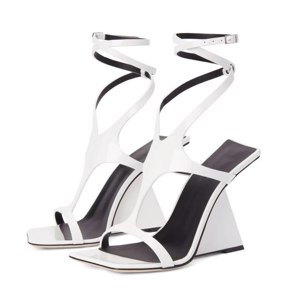 Kluolandi Women's Wedge Heeled Sandals Open Toe Criss-cross Strappy Sandals Heels Dress Shoes with Cut-out Design White