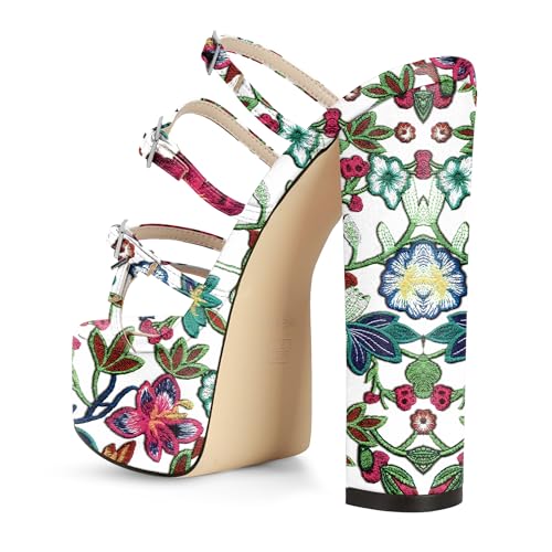 Esvowido Platform Mules for Women Chunky Heels Sexy Square Open Toe Block Sandals High Heels for Party Prom Wedding Floral Embroidered US Size 7