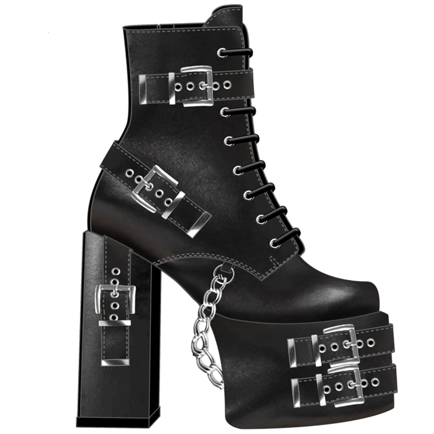 DETOGNI Women's Gothic Silver Eyelets Buckles Straps Block High Heel Lace Up Booties Punk Hanging Chain Zipper Sexy Chunky Platform Ankle Boots (Black US12)