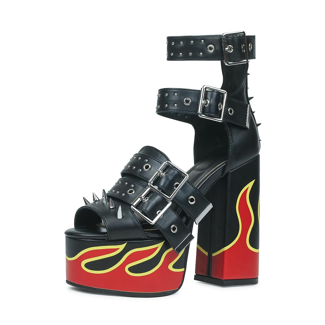 HiColor Women's Red Flames Printed Straps Open-toed Rivets Ankle Sandals.Platforms Thick-soled Bold High Heels Studs Sandals.
