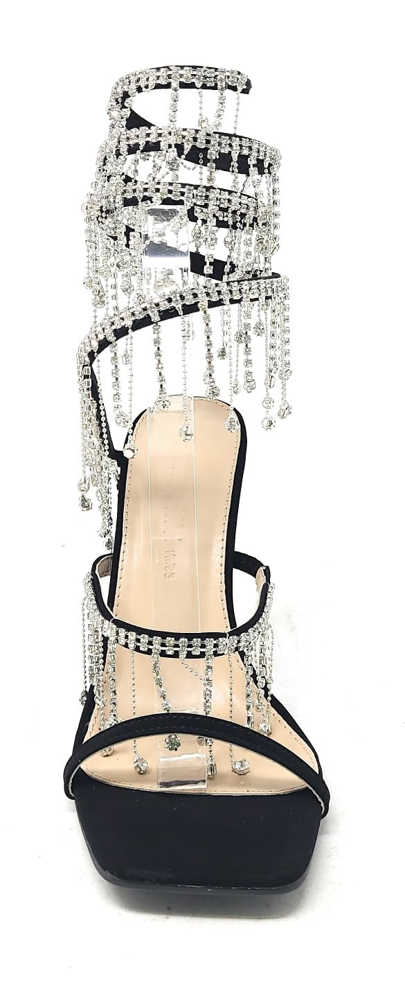 Wild Diva Women's Narala-51 Chandelier Embellished Rhinestone Spiral Coil Wrap Around Stiletto Heels (Black Nubuck, US Footwear Size System, Adult, Women, Numeric, Medium, 8)