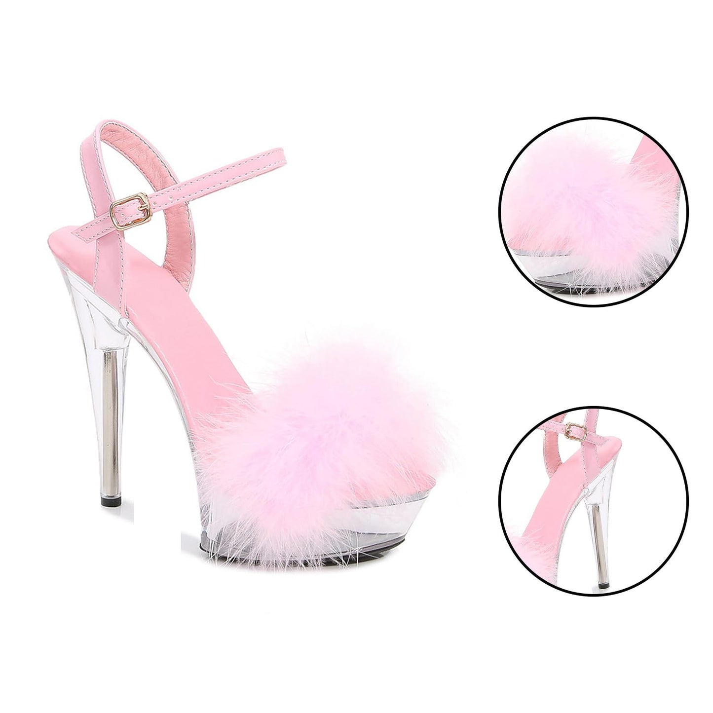 Baffoloo Women's Clear Platform Stiletto Fuzzy High-heeled Ankle Strap Party Casual Sexy Heels for Dancing Pole Dance Heels Casual Sandals Pink