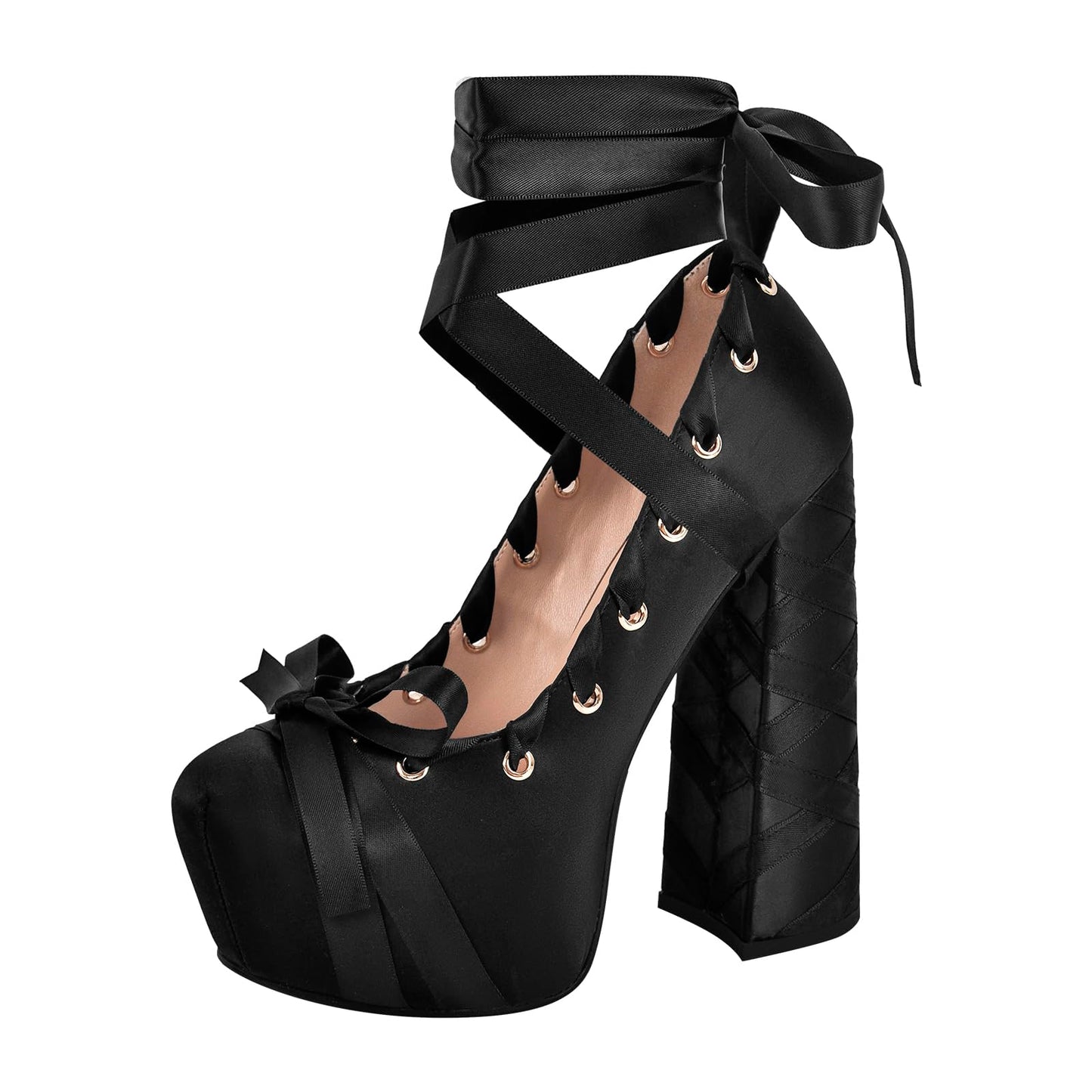 onlymakerheels Bow Lolita Platform Ankle Strap Lace-up Chunky Heel Ribbon Pumps Black A Size9