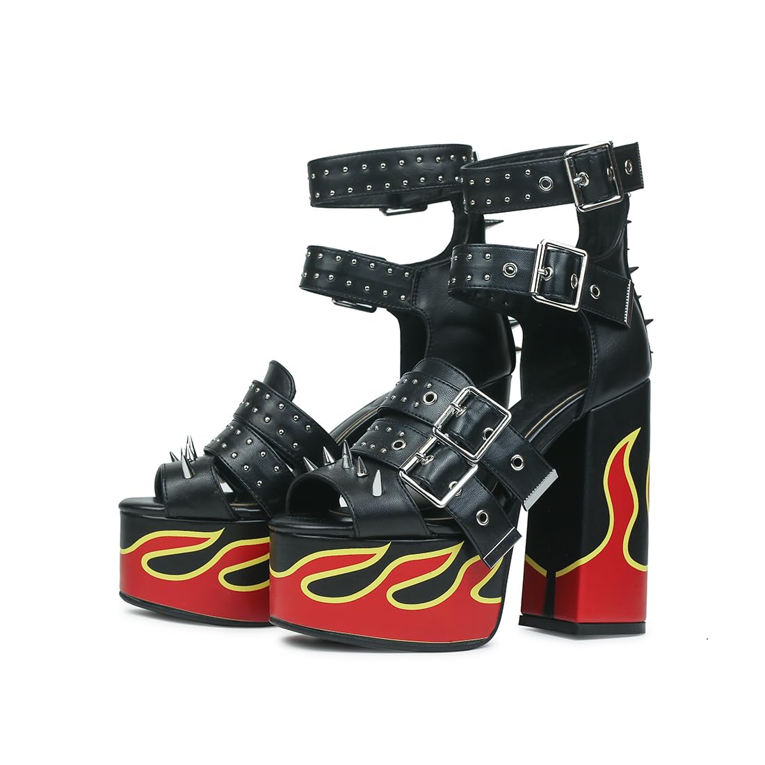 HiColor Women's Red Flames Printed Straps Open-toed Rivets Ankle Sandals.Platforms Thick-soled Bold High Heels Studs Sandals.