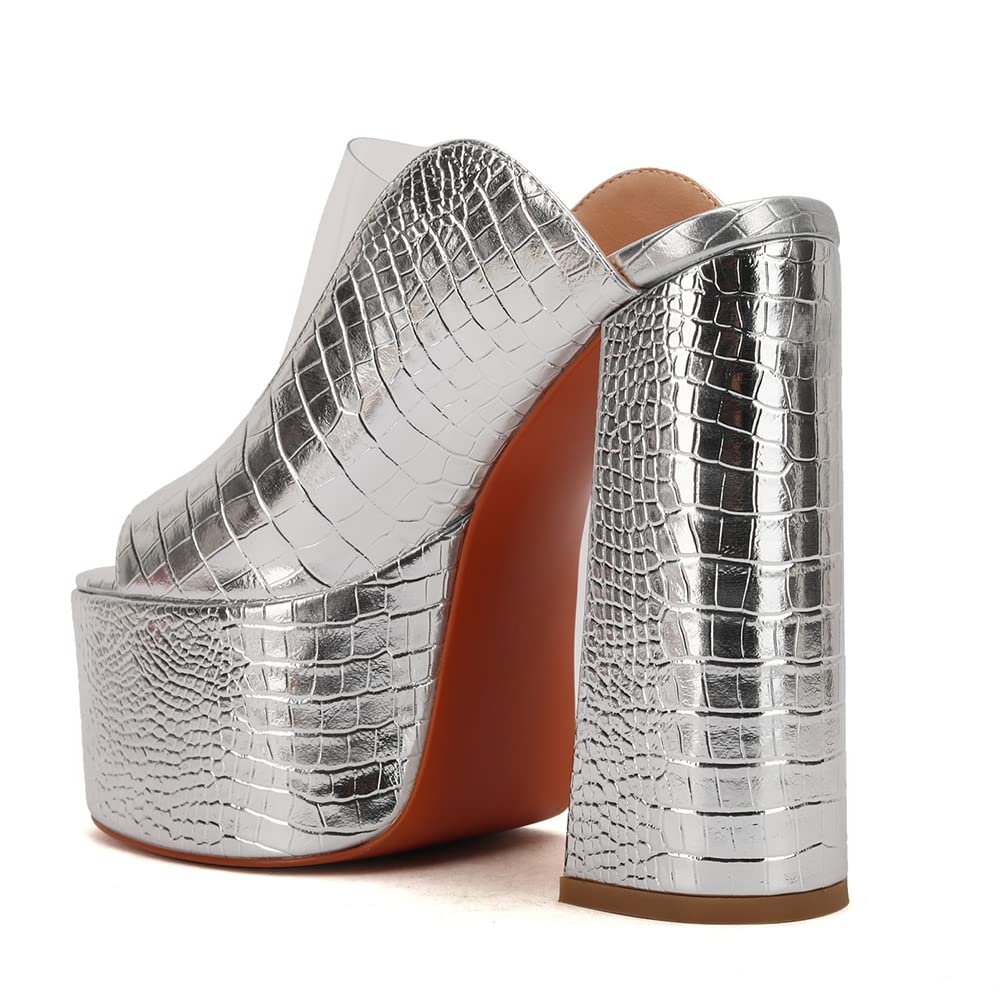 Makmeoyw Platform Heels Slippers Slip On Show Slingback Chunky Heels Sparkly Sandals Square Toe Mules Open Toe High Heels Slide-on Sandals Silver Size 39