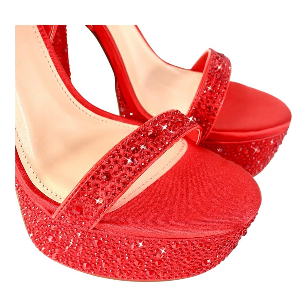 Liliana Womens Rhinestones Ankle Strap Chunky High Heels Sandals Fabiosa Red 7