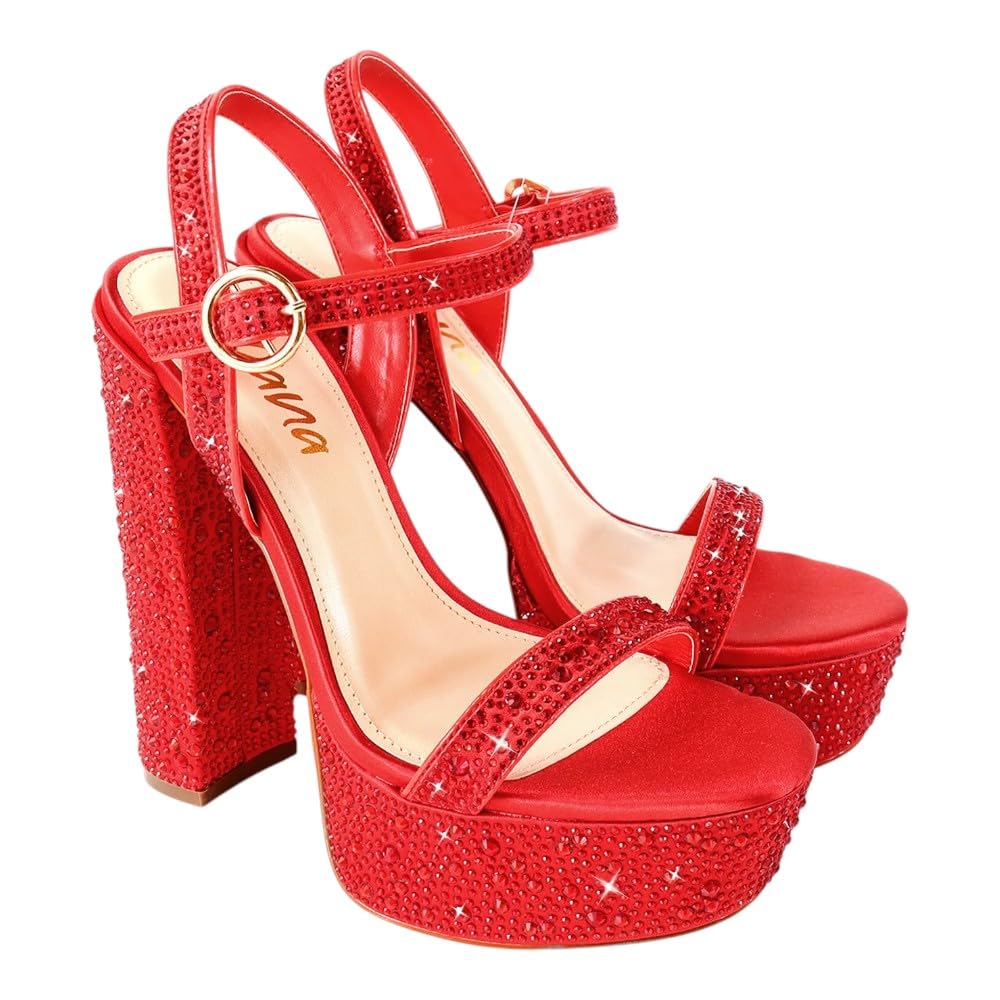 Liliana Womens Rhinestones Ankle Strap Chunky High Heels Sandals Fabiosa Red 7