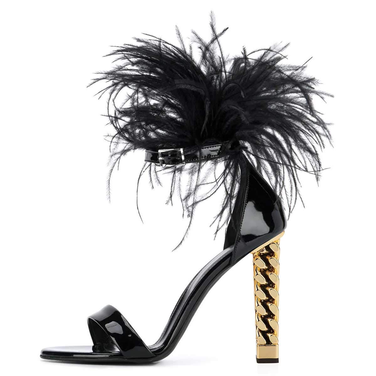 FSJ Women Feather Gold Metal Chain Chunky High Heels Ankle Strap Sandals Open Toe Fashion Shoes Size 8 Black Fur