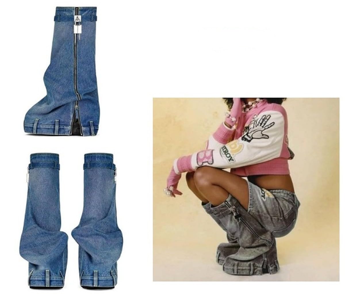LEMONADE Women Denim Fold Over Platform Knee High Boots with Padlock Smarty Pants Denim 8.5