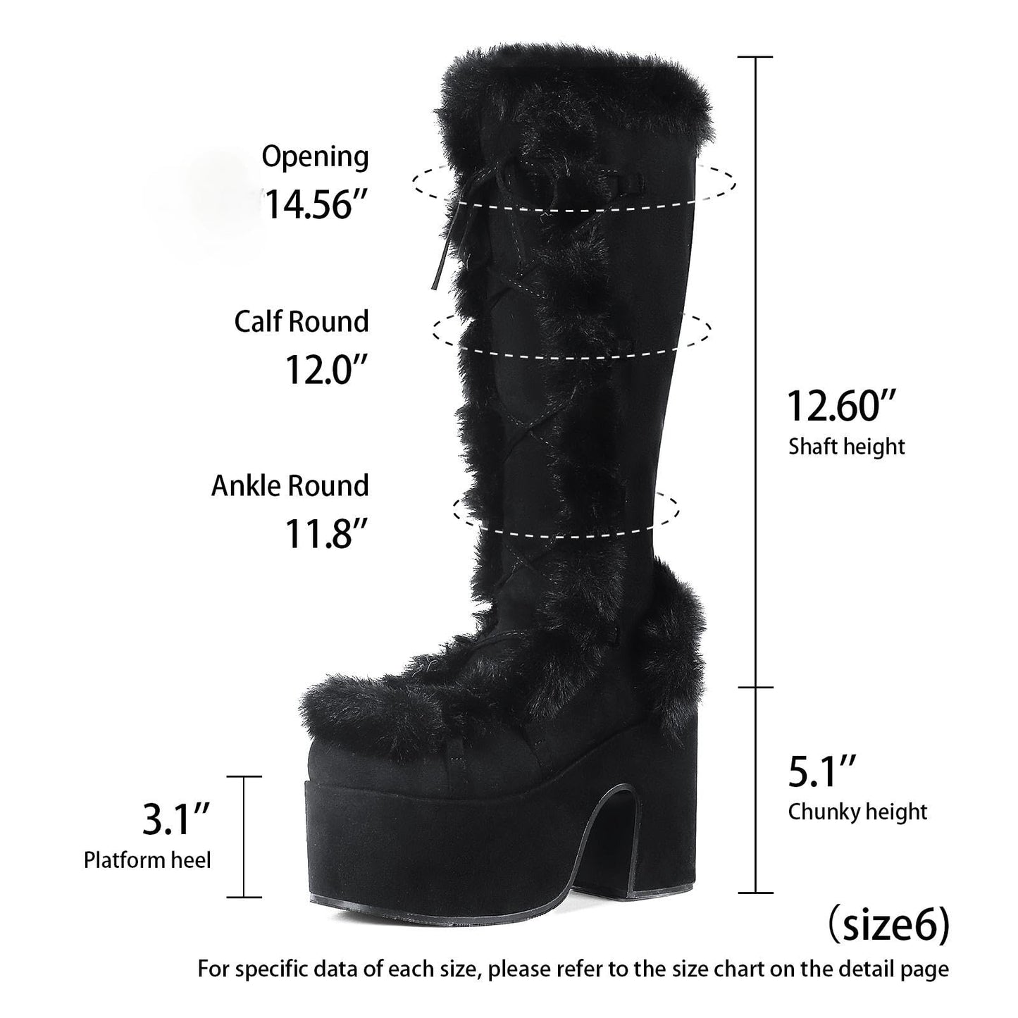 Accloris Black Platform Knee High Boots For Womens Warm Faux Fur Lace Up Side Zipper Chunky Heel Punk Goth Winter Snow Mid Calf Boots,blacksuede,size40