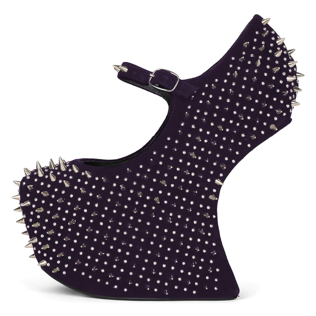 FSJ Women Spikes Wedge Heel Pumps Rivet Studded Covered Ultra High Platform Closed Round Toe Ankle Strap Shoes for Sexy Party Events Size 7.5 Purple
