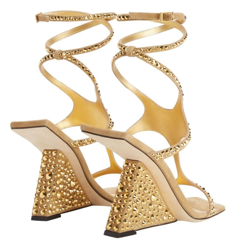 Kluolandi Women's Wedge Heeled Sandals Open Toe Criss-cross Strappy Sandals Heels Party Dress Shoes Yellow Crystal Heels Size 9