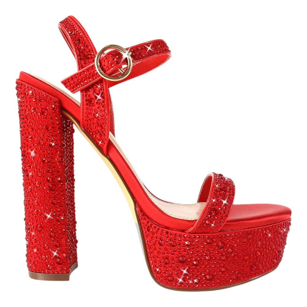 Liliana Womens Rhinestones Ankle Strap Chunky High Heels Sandals Fabiosa Red 7