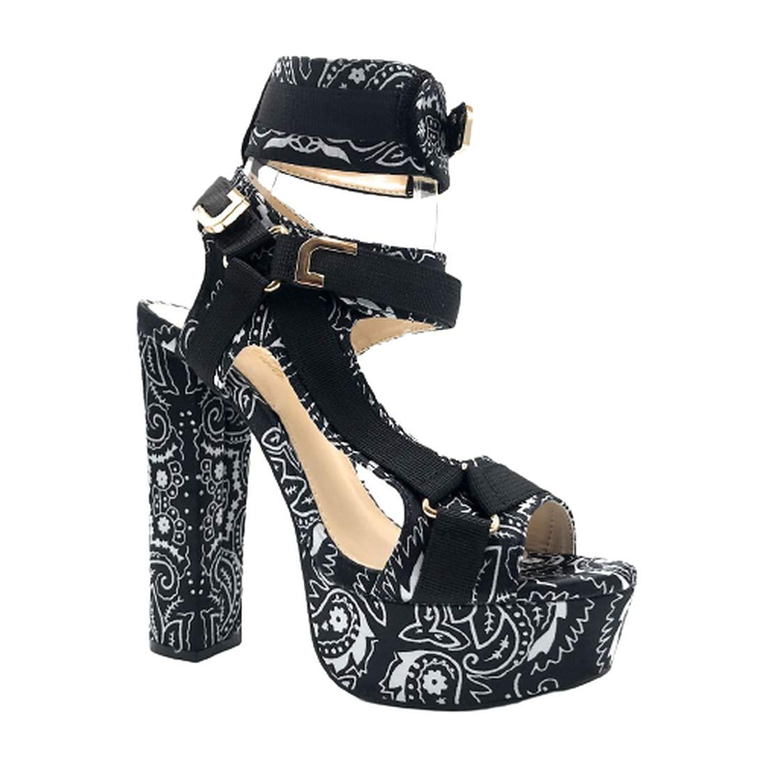 Mata Shoes Women's Open Toe Strappy Chunky Platform High Heel Sandals Black Bandana 6