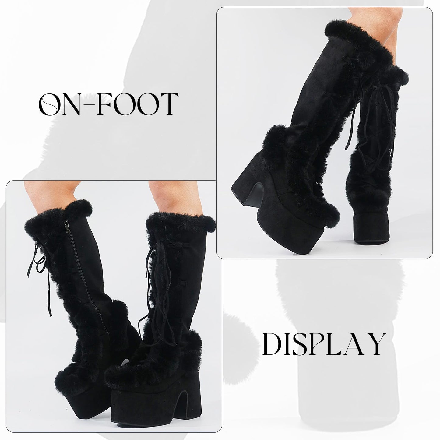 Accloris Black Platform Knee High Boots For Womens Warm Faux Fur Lace Up Side Zipper Chunky Heel Punk Goth Winter Snow Mid Calf Boots,blacksuede,size40