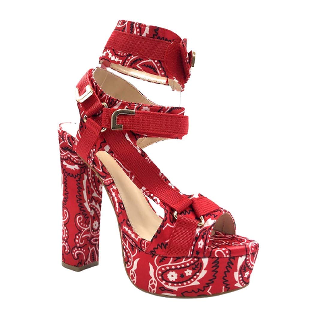 Mata Shoes Women's Open Toe Strappy Chunky Platform High Heel Sandals Red Bandana 6.5
