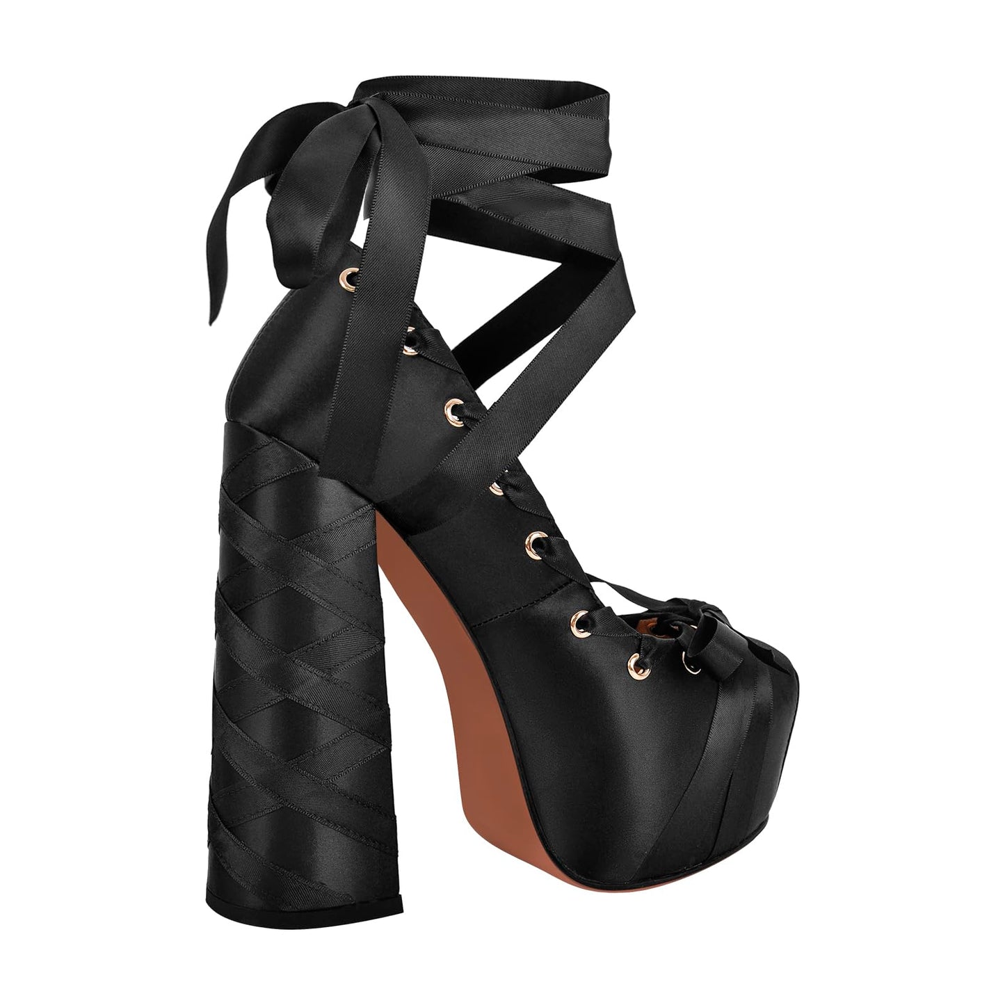 onlymakerheels Bow Lolita Platform Ankle Strap Lace-up Chunky Heel Ribbon Pumps Black A Size9