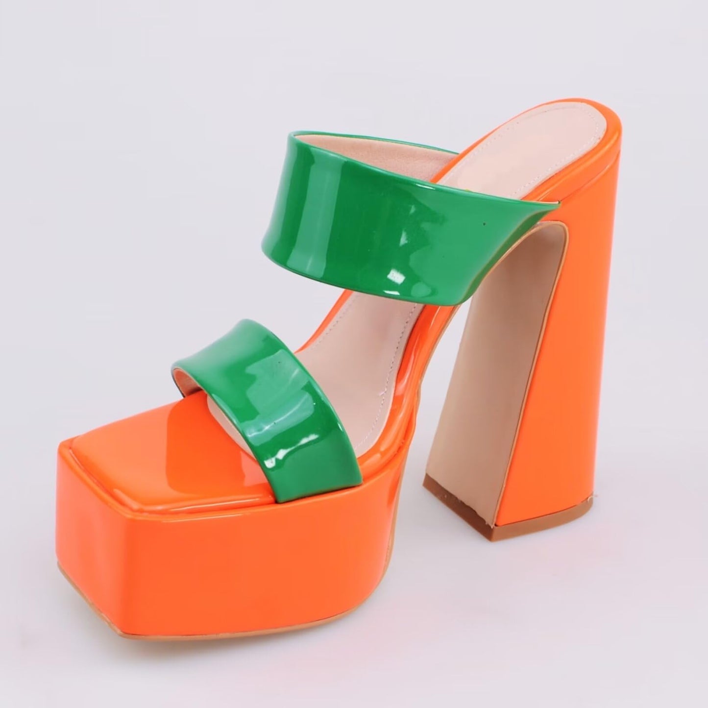 Frankie Hsu Women's Chunky Block Platform Sandals Cheerleader Cute Lovely Hot Pink Purple Orange Green Patent High Heeled Square Toe Fashion Classic Big Size Sandal