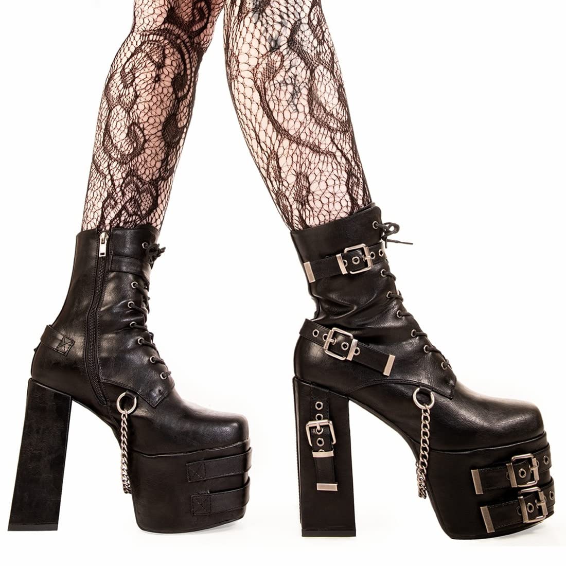 DETOGNI Women's Gothic Silver Eyelets Buckles Straps Block High Heel Lace Up Booties Punk Hanging Chain Zipper Sexy Chunky Platform Ankle Boots (Black US12)