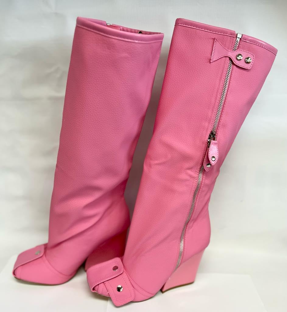 Lemonade Women's Buckle Detail Square Toe Wedge Heel Knee High Long Boot Senna Pink 7.5n